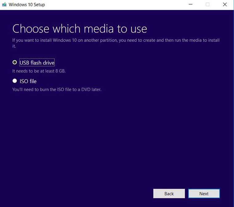 Windows 10 Media Creation Tool for USB flash drive