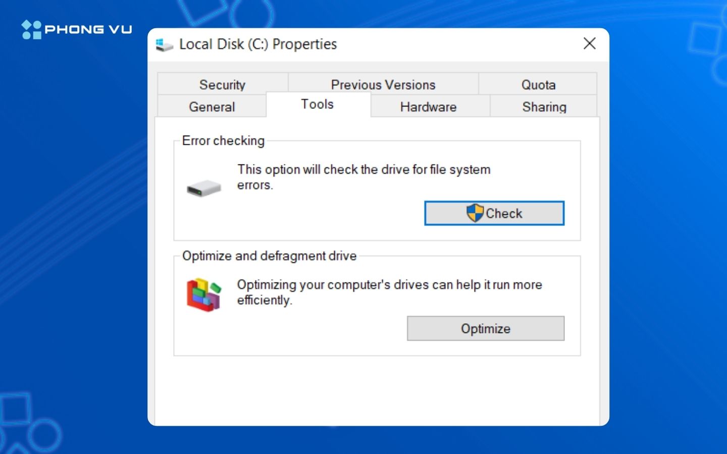 Nhấn vào Optimize để bắt đầu kiểm tra phân mảnh