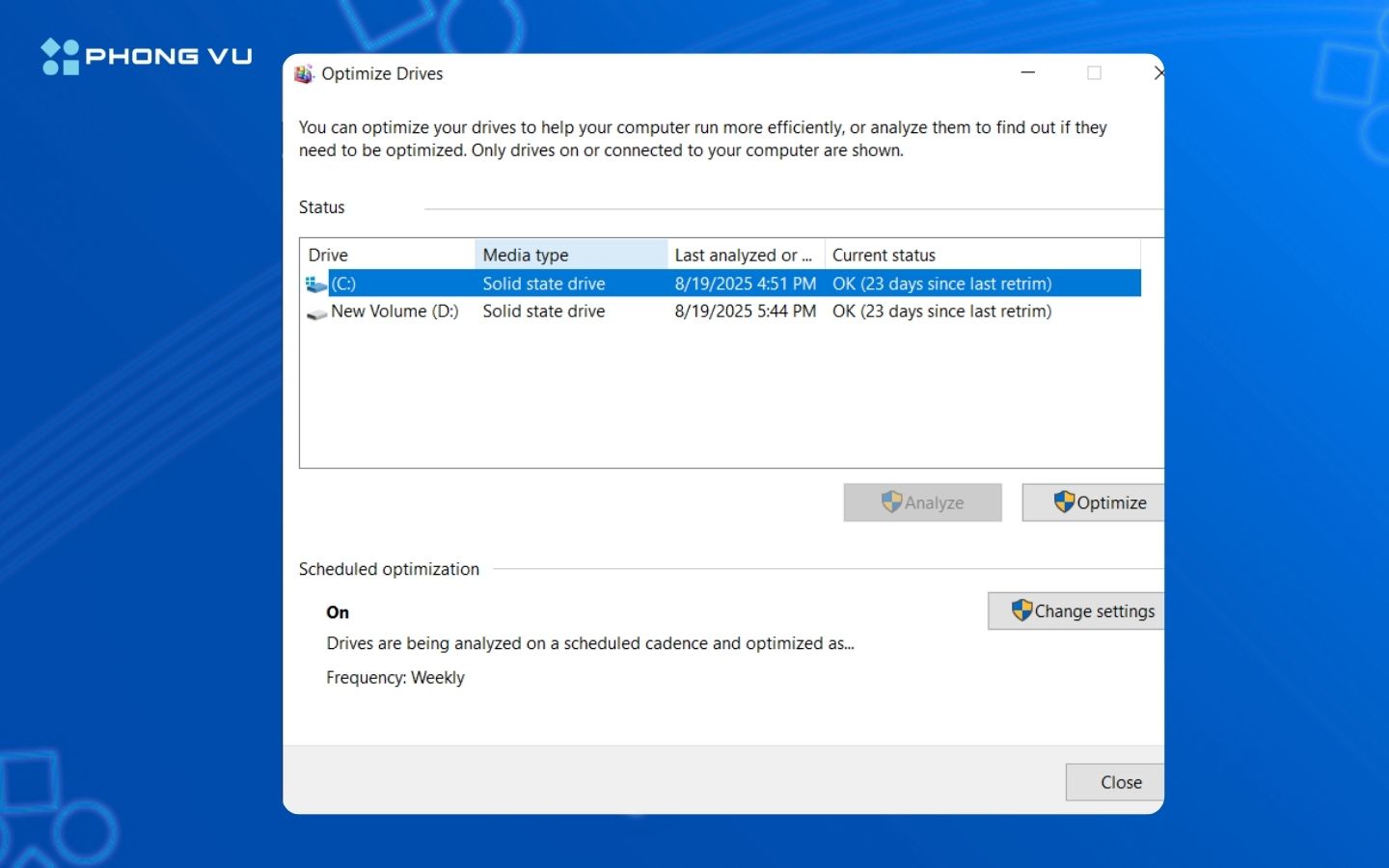 Analyze PC và phát hiện ra 5% ổ cứng bị phân mảnh Defragment.