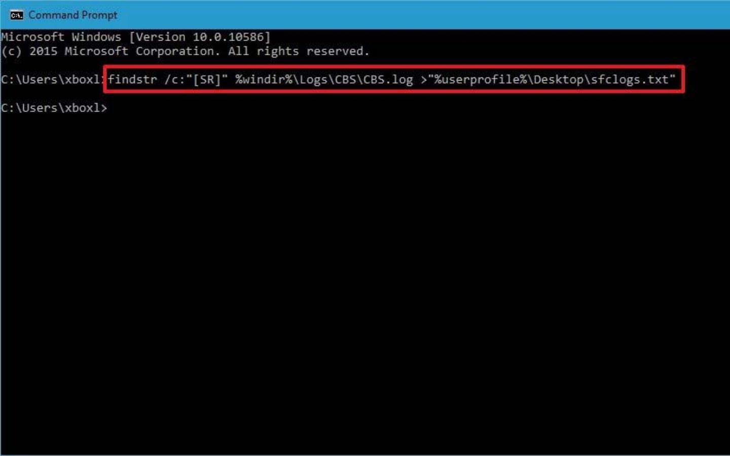 Trên cửa sổ Command Prompt, bạn nhập câu lệnhfindstr /c:”[SR]” %windir%LogsCBSCBS.log >”%userprofile%Desktopsfclogs.txt”