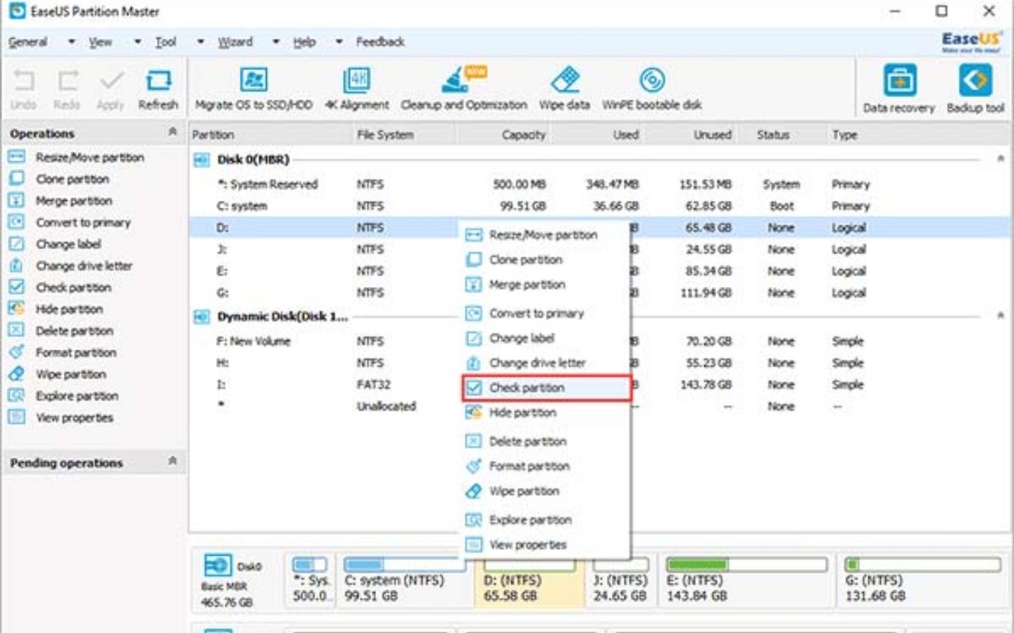 Sửa lỗi "Windows resource protection found corrupt files but was unable to fix some of them". 9 Khởi động ứng dụng, chuột phải vào ổ đĩa mà bạn muốn kiểm tra lỗi mà chọn check partition.