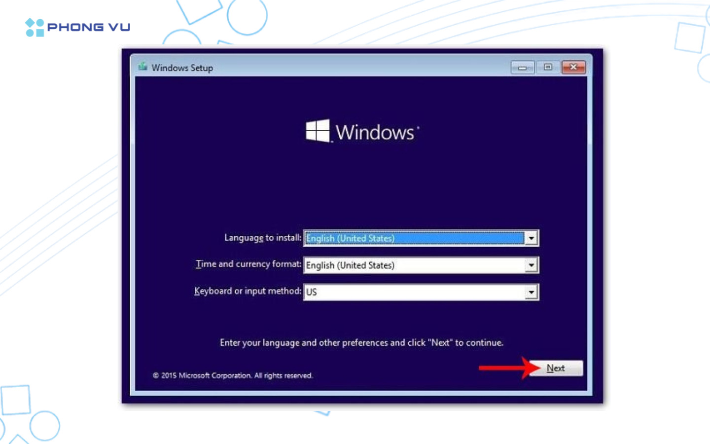 Màn hình cài đặt Windows xuất hiện khi USB được nhận thành công