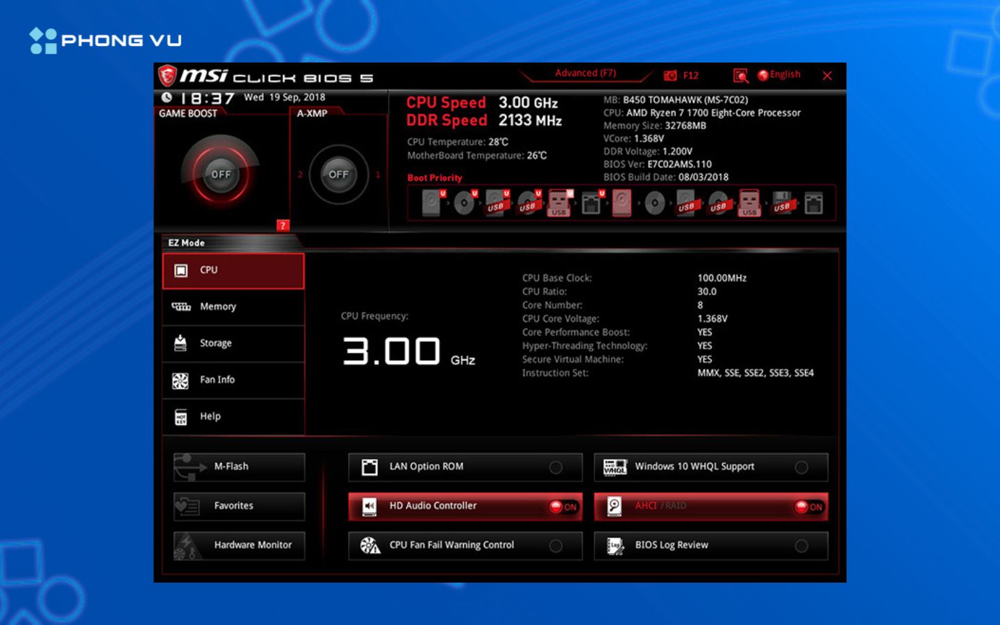 Màn hình BIOS hiển thị các thông số phần cứng sau khi lắp xong