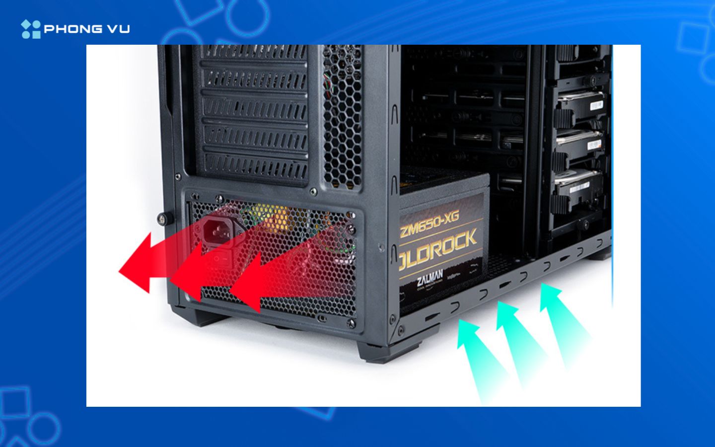 Lắp PSU vào đáy case, quạt hướng xuống để hút khí mát
