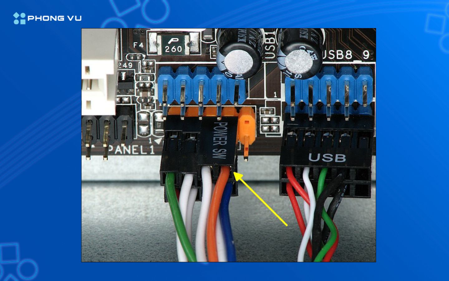 Cắm dây nút nguồn và đèn LED theo sơ đồ mainboard