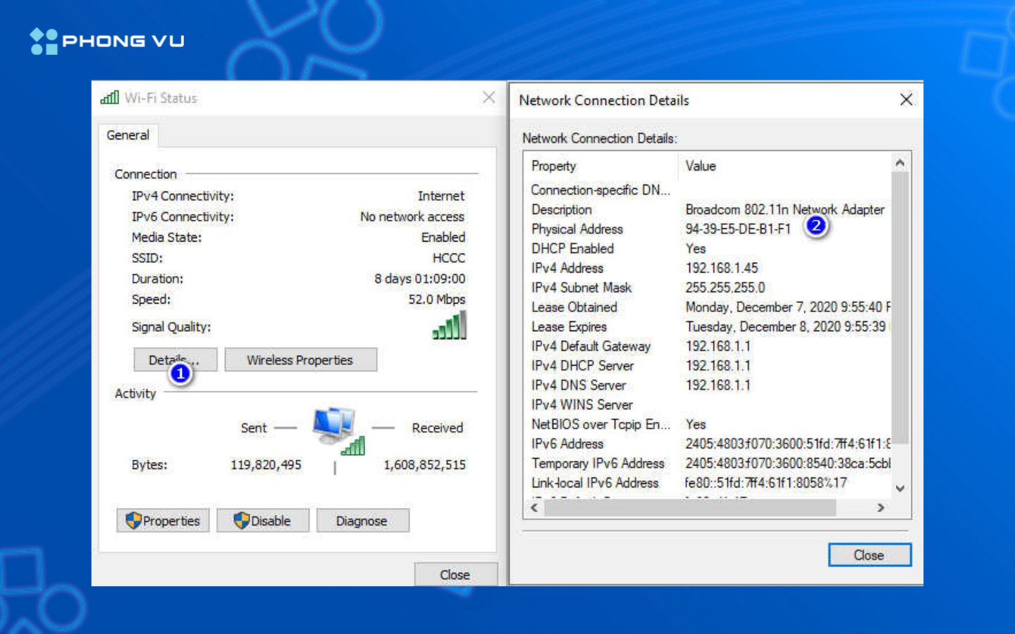 Kiểm tra địa chỉ MAC thông qua mục Status và Details trong Control Panel