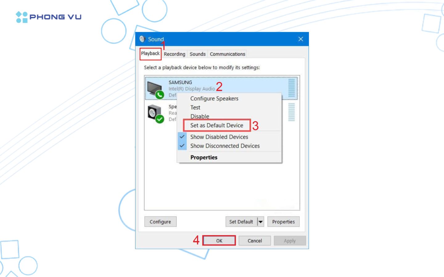 Tùy chọn Show Disabled Devices trong cài đặt âm thanh