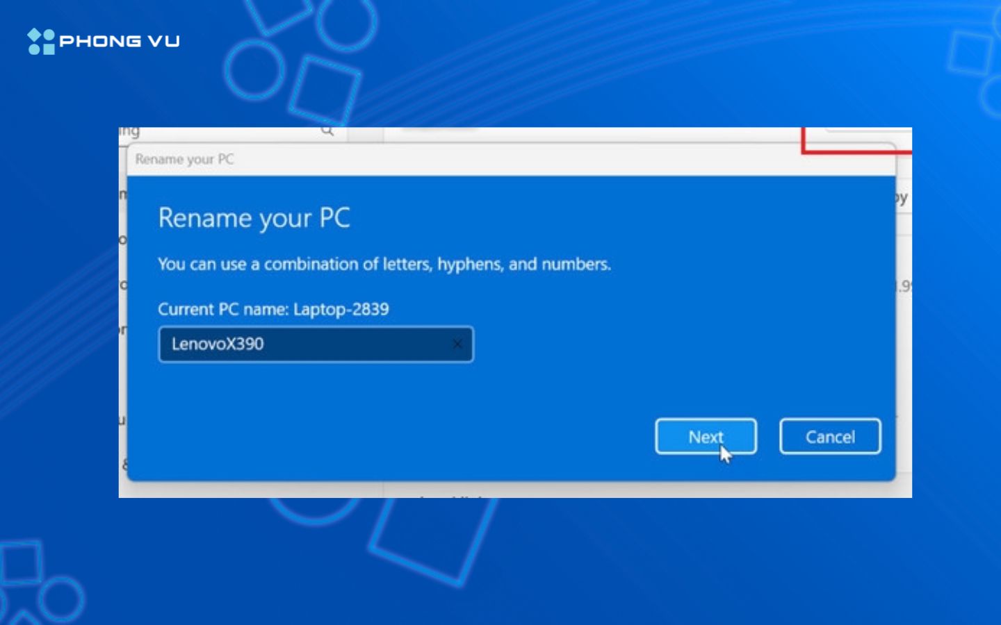 Nhập tên mới và khởi động lại máy để hoàn tất thay đổi