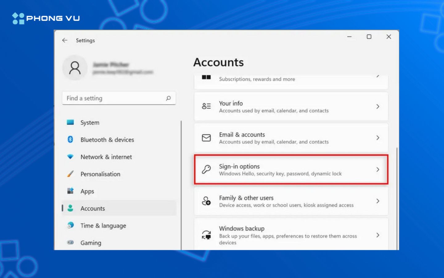 Truy cập mục Accounts trong Settings để thiết lập bảo mật