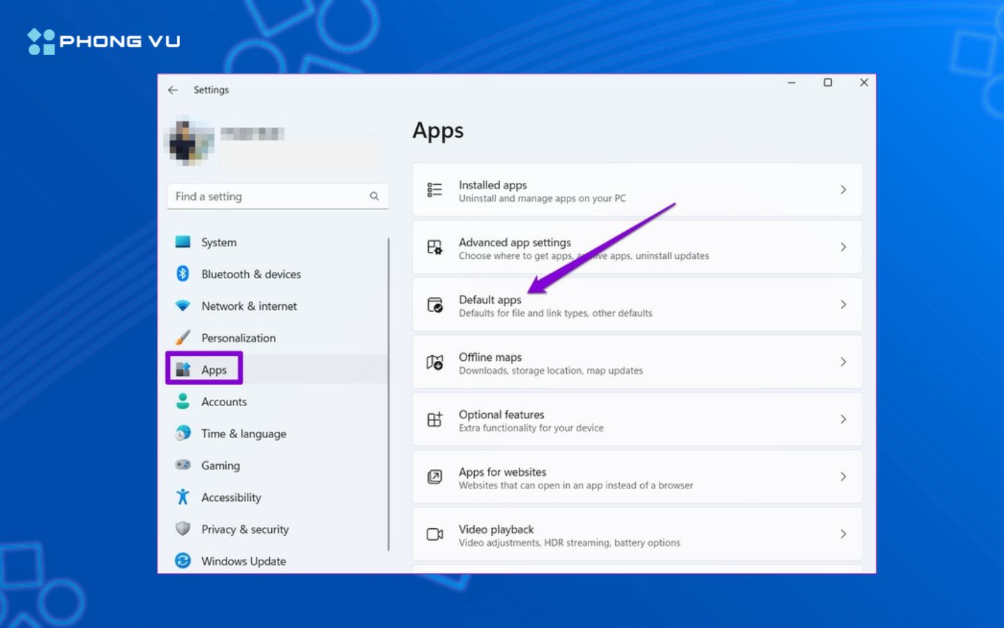 Truy cập mục Default apps để thay đổi trình duyệt ưa thích