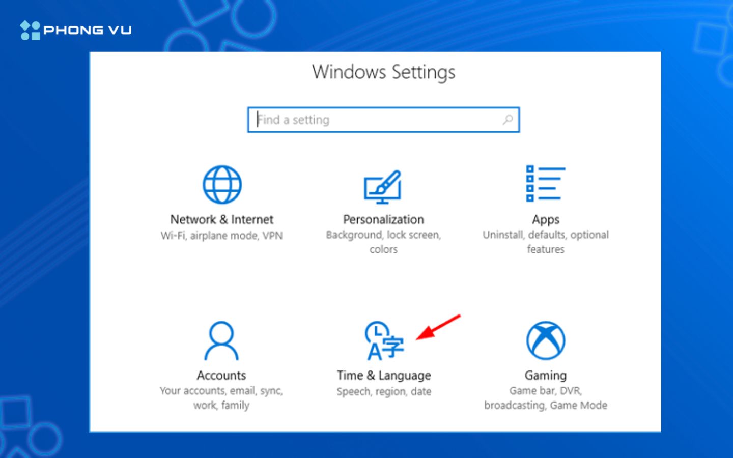 Chọn Time & Language để chuyển đổi bàn phím Hàn 