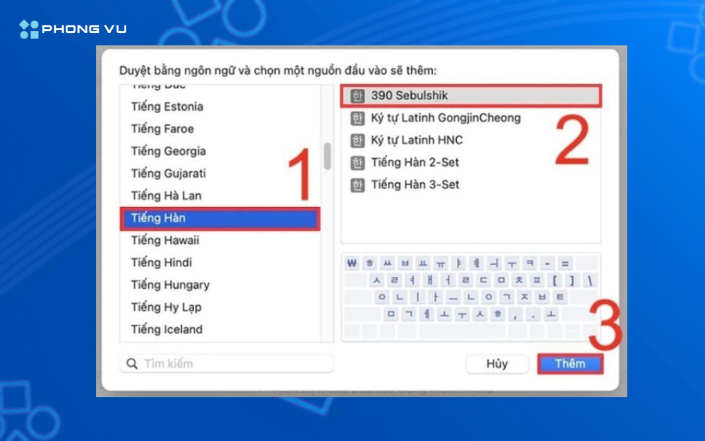 Tìm ngôn ngữ tiếng Hàn trong danh sách