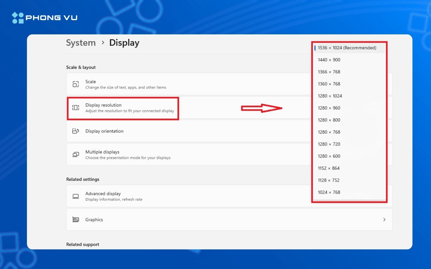 Chọn mục Display resolution để thay đổi độ phân giải màn hình theo nhu cầu