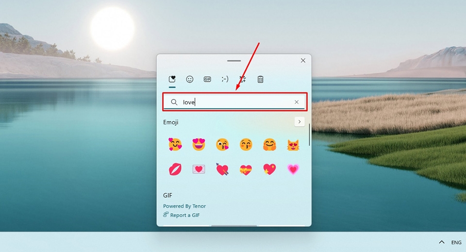 Tìm kiếm emoji bằng từ khóa trên windows 11. (Nguồn: Internet)