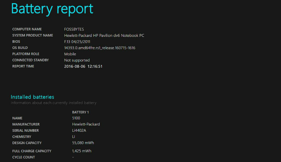 Bảng báo cáo thông tin pin laptop trên Windows