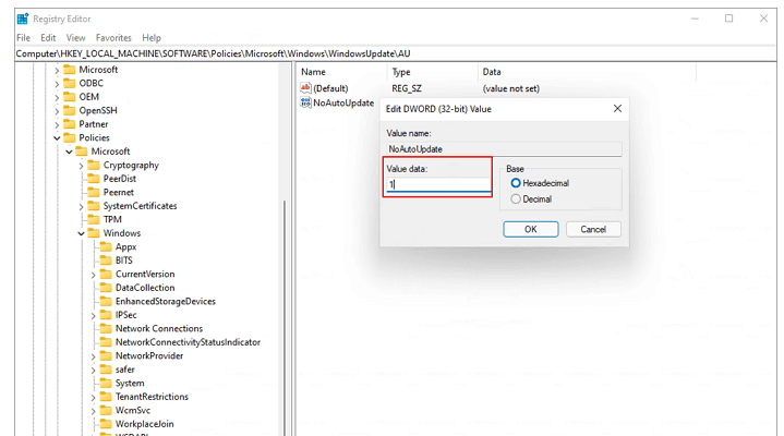 Dừng cập nhật Windows 11 bằng Registry Editor