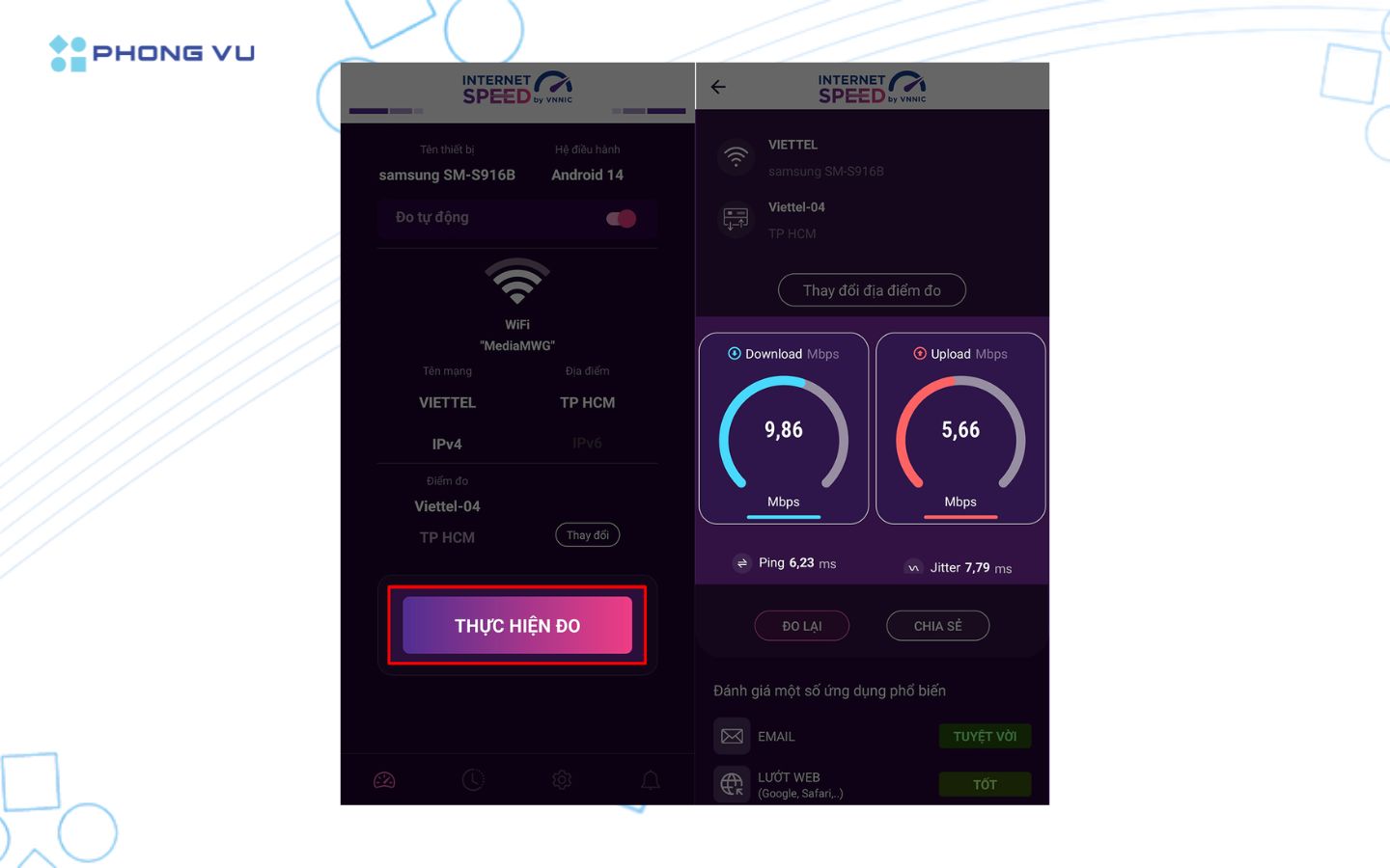 Nhấn “Thực hiện đo” để bắt đầu kiểm tra tốc độ mạng. 