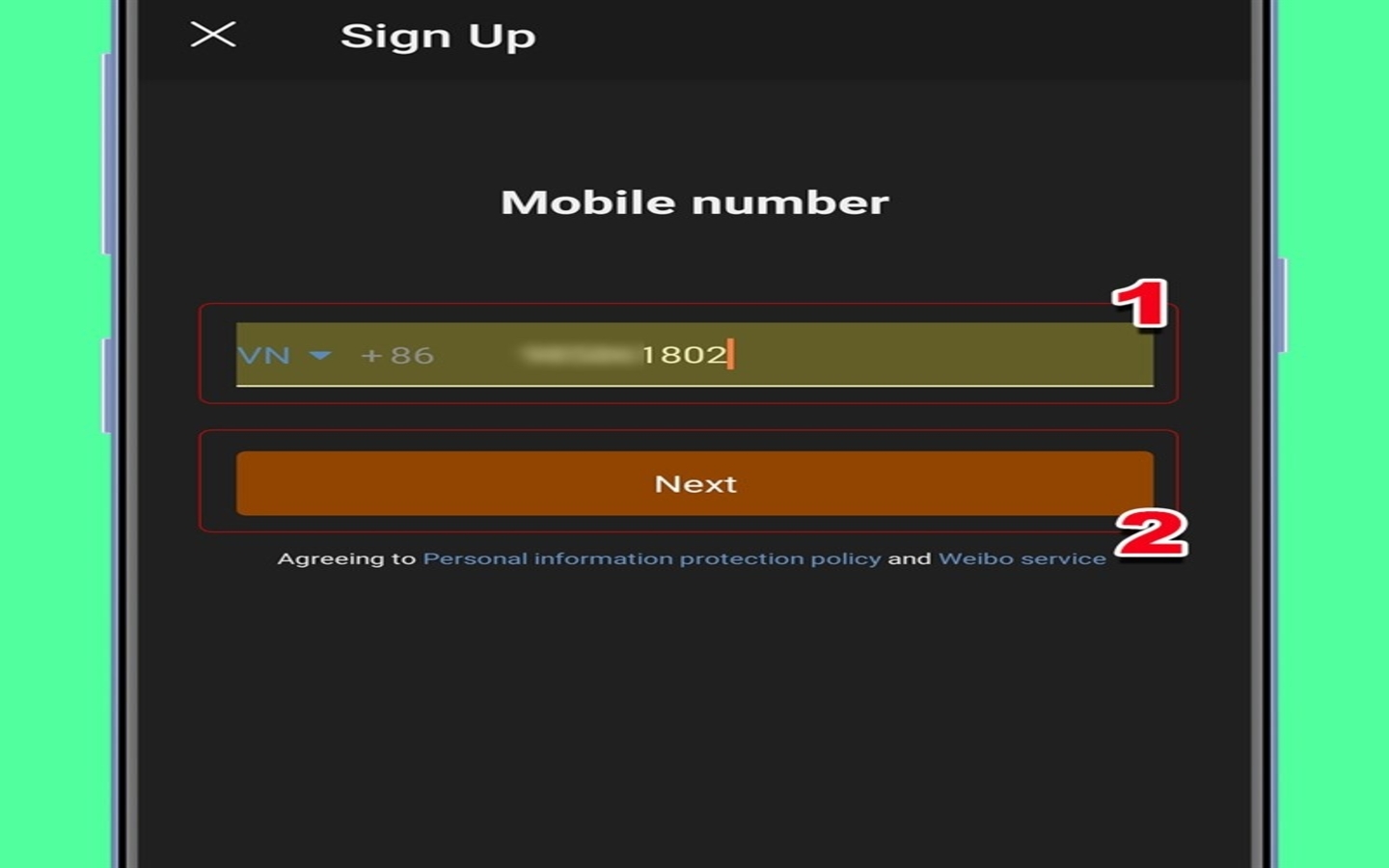 Nhập số điện thoại, chọn mã quốc gia Việt Nam rồi tiếp tục thao tác