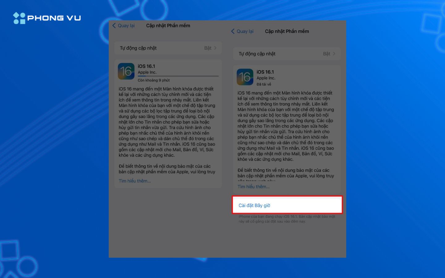 Giao diện kiểm tra bản cập nhật iOS 16.1 trong phần Cài đặt trên iPhone