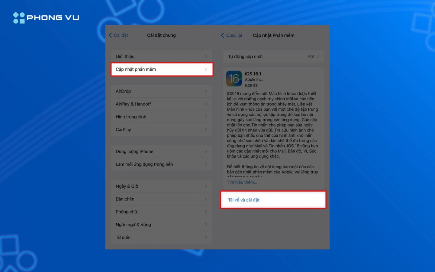 Nhấn “Tải về và cài đặt” để bắt đầu nâng cấp iOS 16.1 nhanh chóng và an toàn