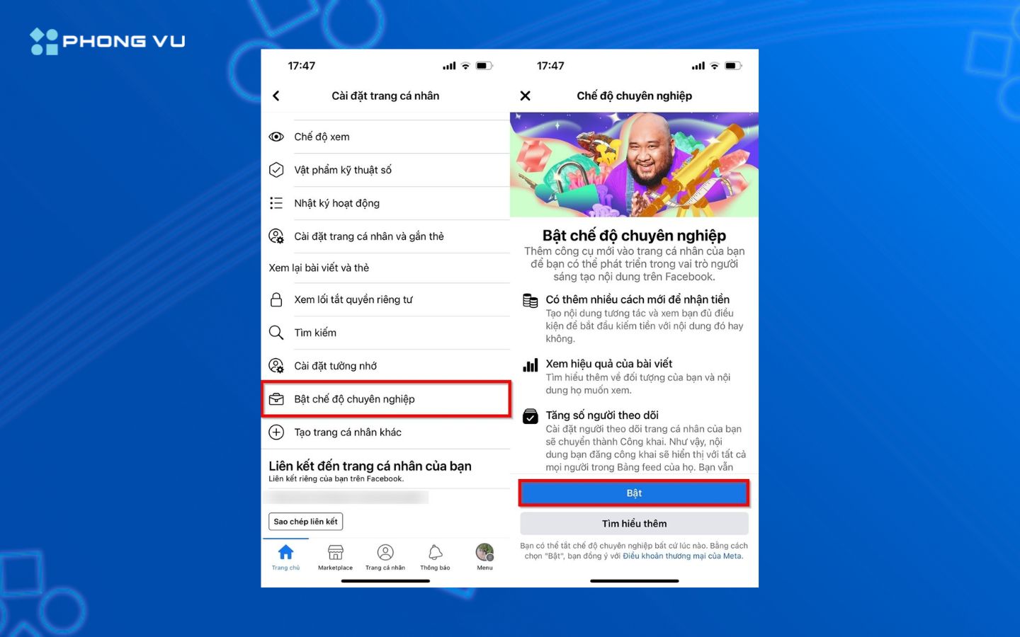 Chọn “Bật chế độ chuyên nghiệp” để kích hoạt tính năng