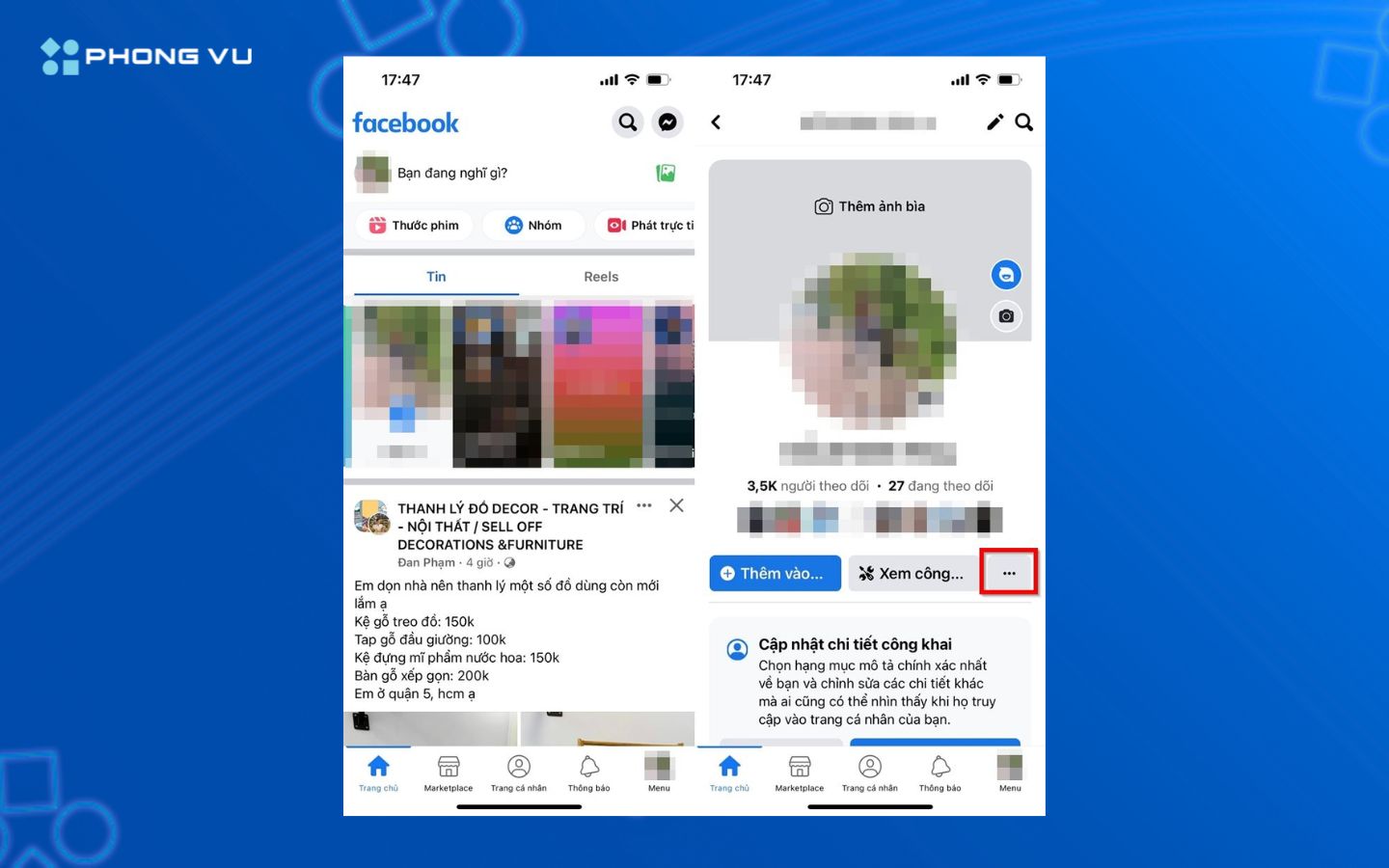 Truy cập trang cá nhân và mở menu cài đặt trên Facebook