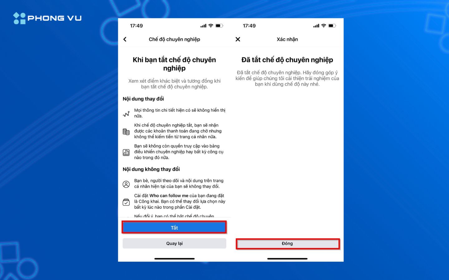 Xác nhận “Tắt” để trở về giao diện cá nhân thông thường