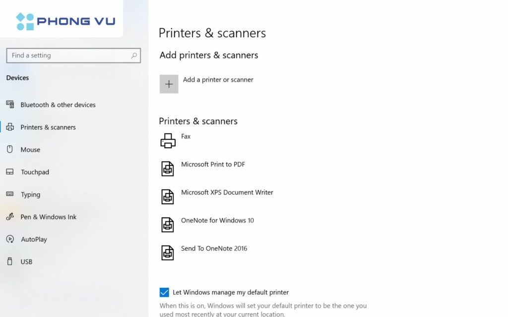 Vào Devices chọn Printers & scanners và Add a printer or scanner để thêm thiết bị