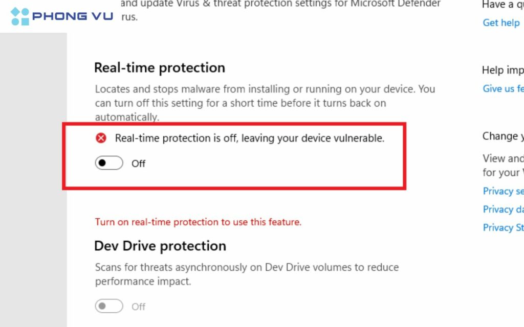 Chọn "OFF" để tắt tính năng Windows Security