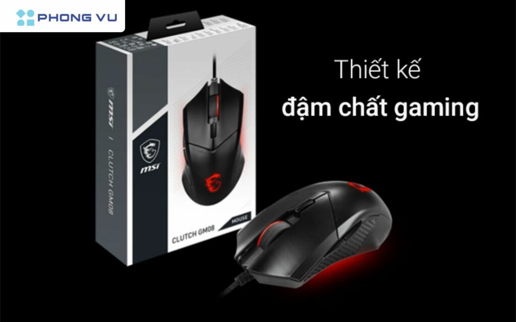 Chuột MSI Clutch GM08 được đặc trưng bởi vẻ ngoài mạnh mẽ, đậm chất gaming