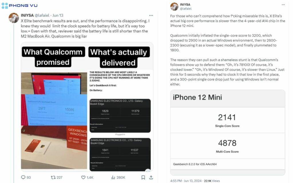 Laptop Snapdragon X Elite lộ điểm benchmark thực tế nhưng hiệu năng thua cả iPhone 12