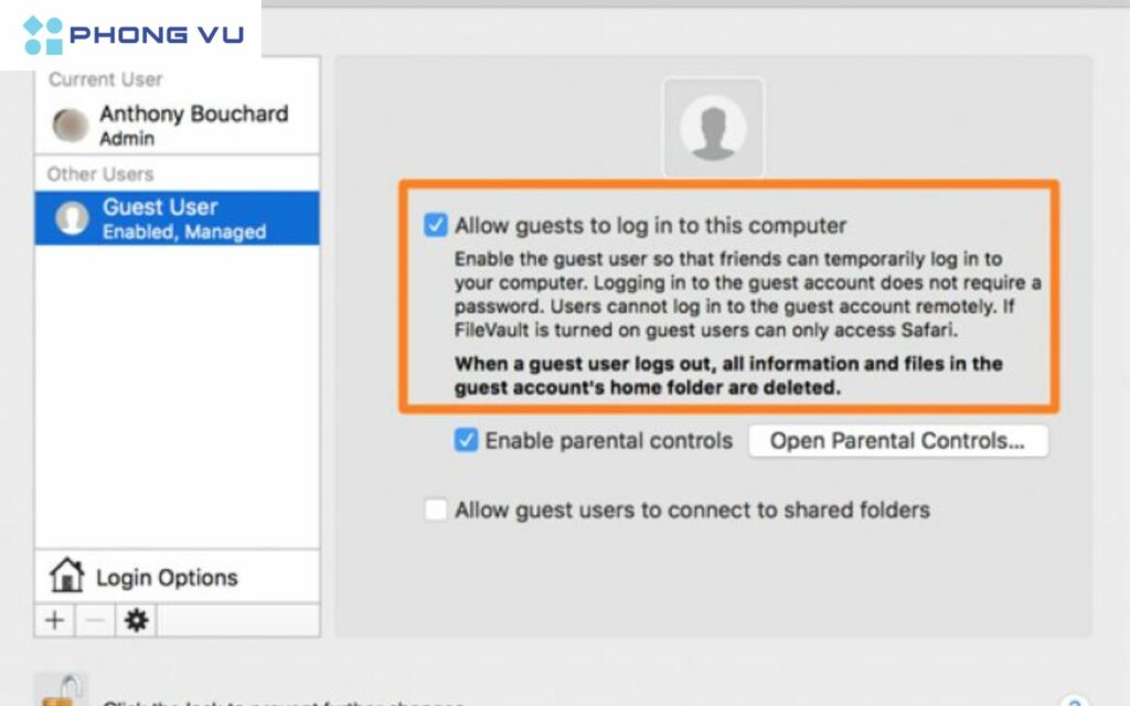 sử dụng MacBook tạo tài khoản khách