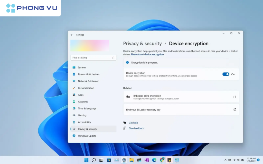 Bạn có thể kiểm tra BitLocker đang bật hay tắt trong Device encryption trên Window 11