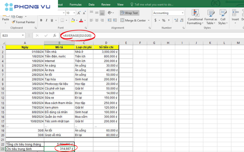 Dùng hàm AVERAGE để tính chi tiêu trung bình trong tháng