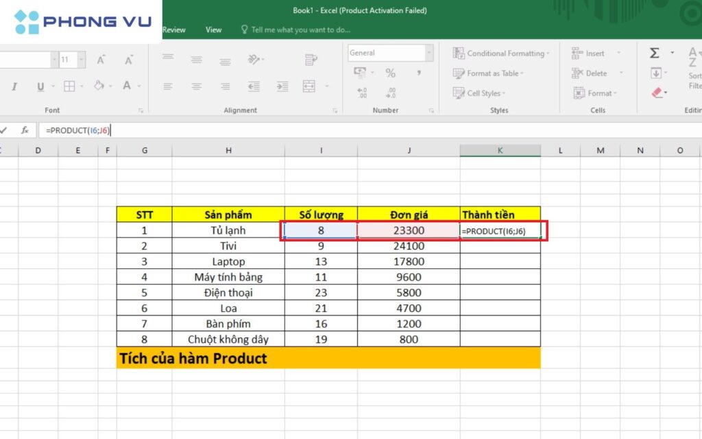 Sử dụng hàm Product để tính tích trong Excel