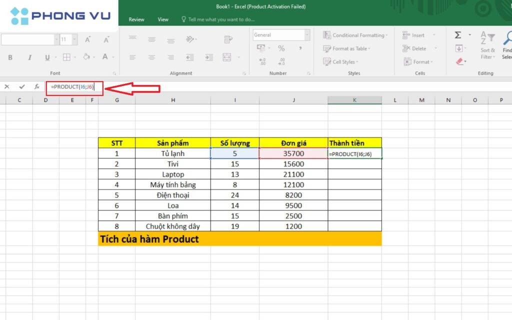 Tính tích của một số trong Excel