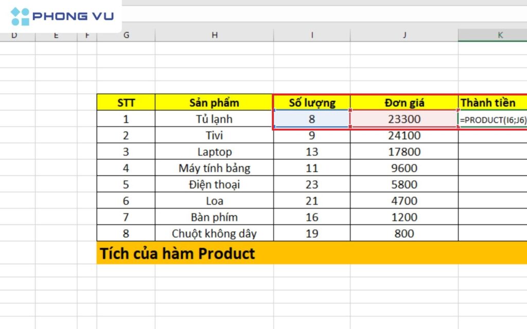 Công thức tính tích của nhiều cột trong Excel