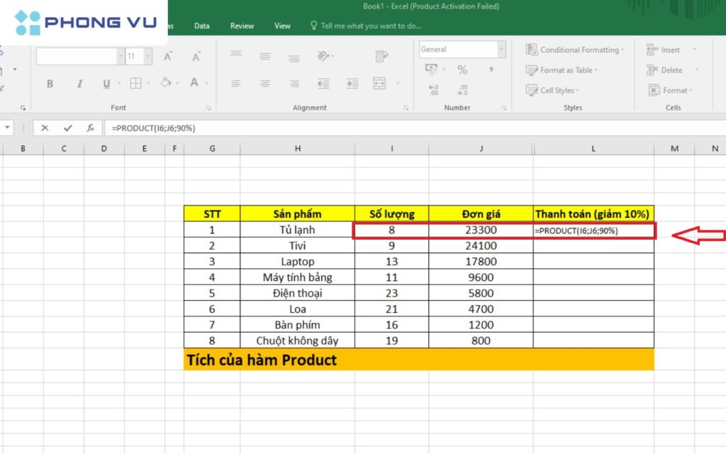 Công thức cụ thể của tính hàm Product nhiều cột với 1 số