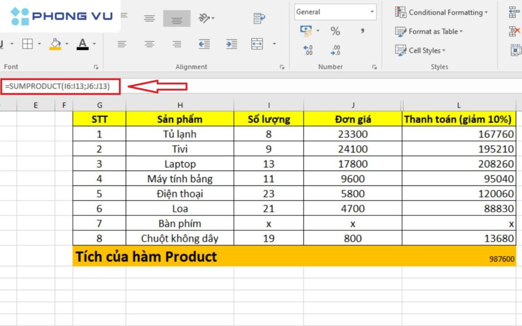 Kết hợp hàm Product với hàm SUM