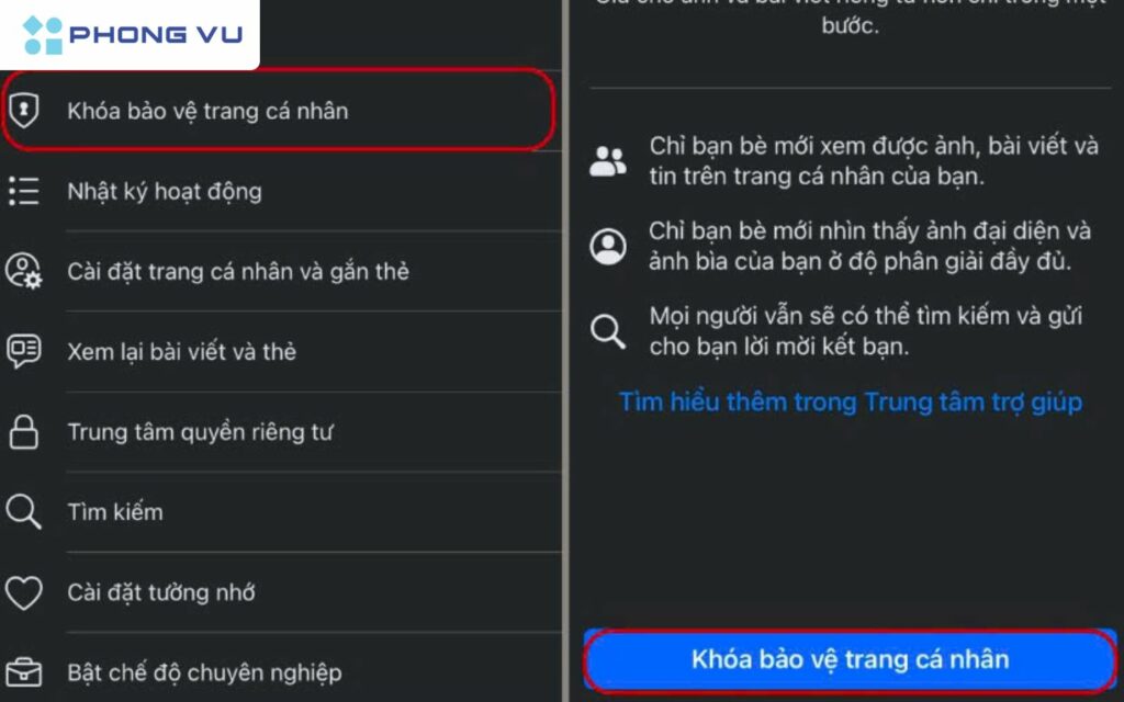 Nhấn chọn Khóa bảo vệ trang cá nhân của mình