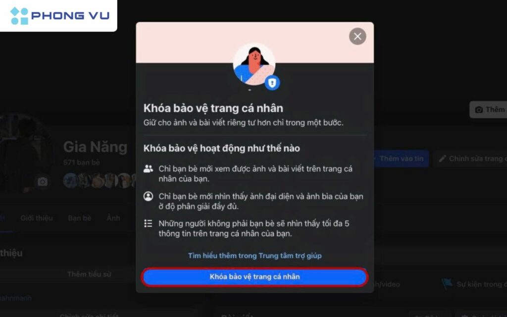 Chọn Khóa bảo vệ trang cá nhân