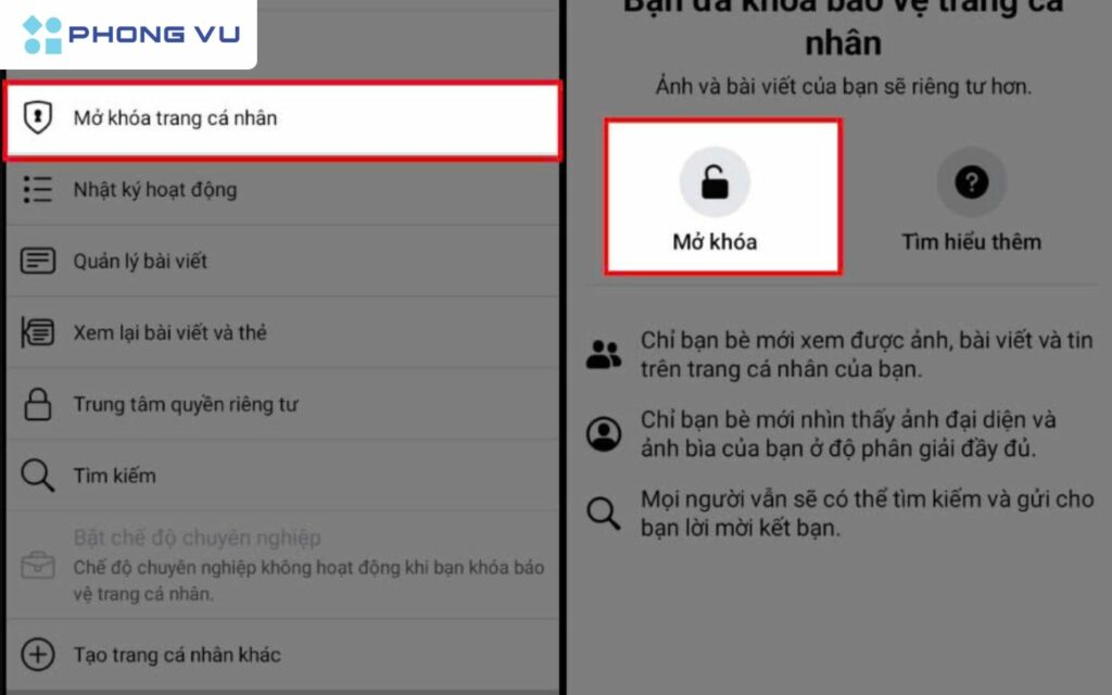 Trong mục Cài đặt trang cá nhân, nhấn chọn Mở khóa trang cá nhân. Tiếp tục, chọn vào Mở khóa với biểu tượng ổ khóa được mở ra