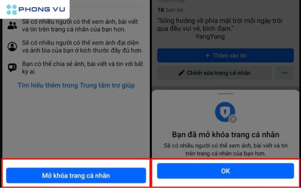 Bạn nhấn chọn Mở khóa trang cá nhân để thay đổi quyền. Cuối cùng, nhấn chọn OK