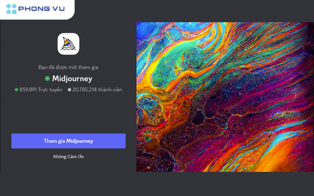 Chọn Accept Invite (Tham gia Midjourney) để tham gia trang của Midjourney trên Discord