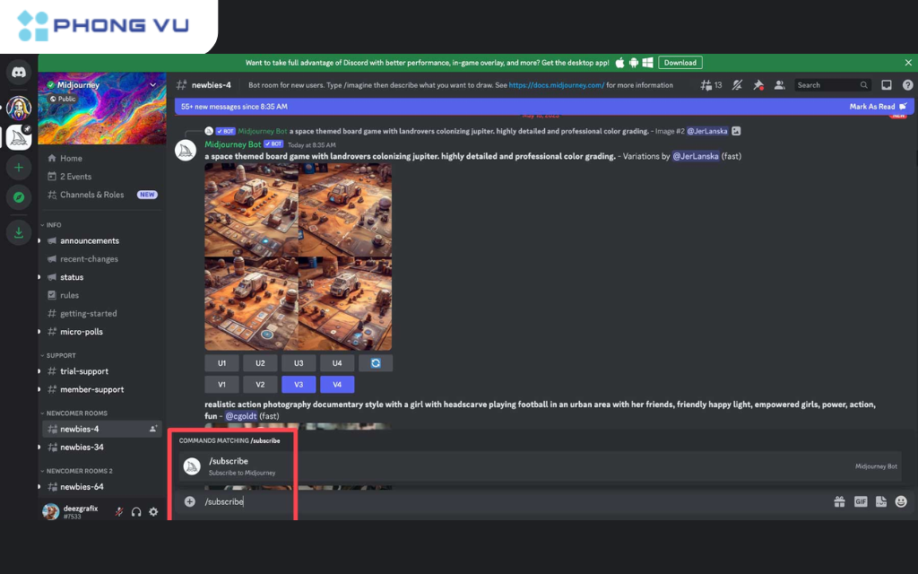 Gõ "/subscribe" vào khung chat của “Midjourney Bot” để có thể chọn gói thành viên