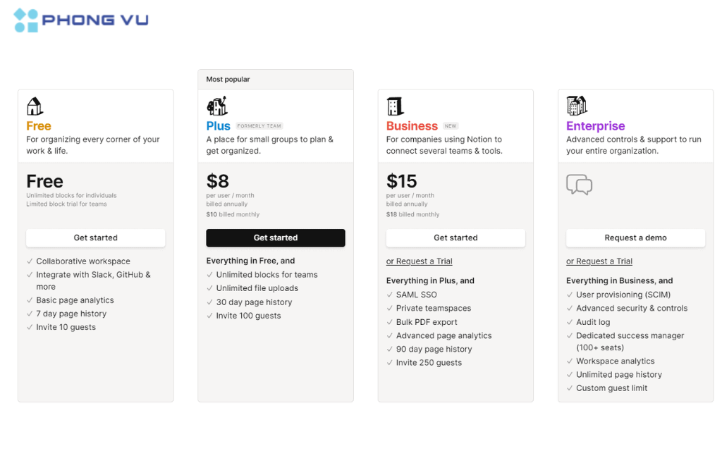 Các gói trả phí khác của Notion với nhiều tính năng