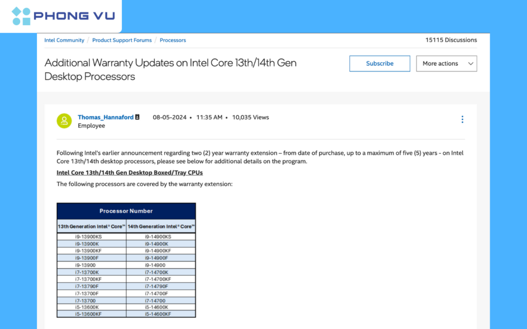 Theo thông báo của Intel, thời gian bảo hành cho các CPU thế hệ 13 và 14 sẽ được kéo dài thêm 2 năm, từ 3 năm lên 5 năm