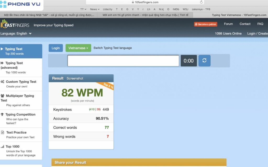 website 10fastfingers.com tập gõ 10 ngón miễn phí