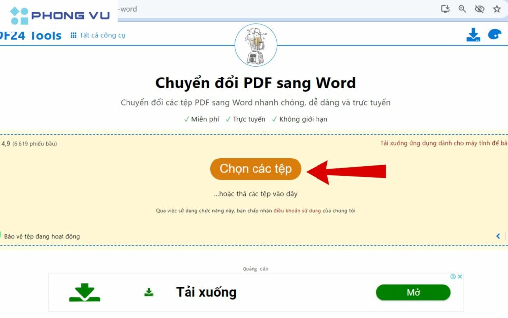 Chọn vào Chọn các tệp để tải file PDF