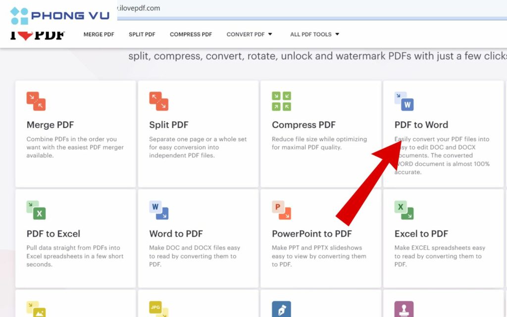 Chọn tùy chọn PDF to Word trên menu